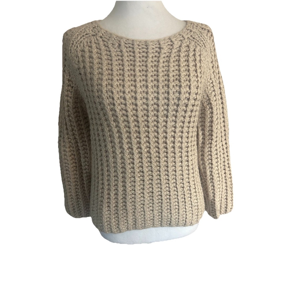 Vintage J. Crew Handknit Chunky Sweater Beige Cream Cable Knit Pullover SZ S